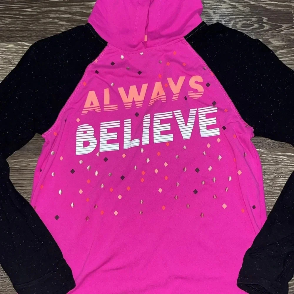 Girls pink and black size 12 long-sleeve top with a hood - Picture 2 of 5